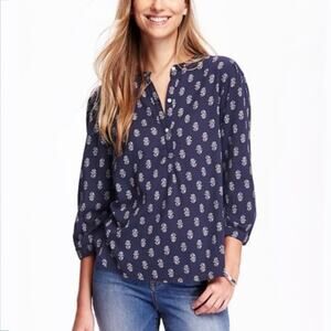 Blue White Cotton Crinkle Gauze Tunic Top S Boho Preppy Casual Relaxed Beachy